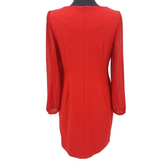 VTG 90s DR Collection Solid Red Shear Pleated Balloon Sleeve Dress Size 8 - Picture 5 of 10